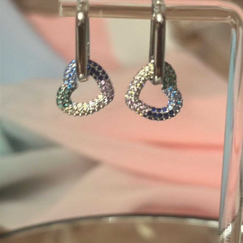 Sterling Silver Heart Drop Multicolored Stones on Rectangular Huggie Earrings